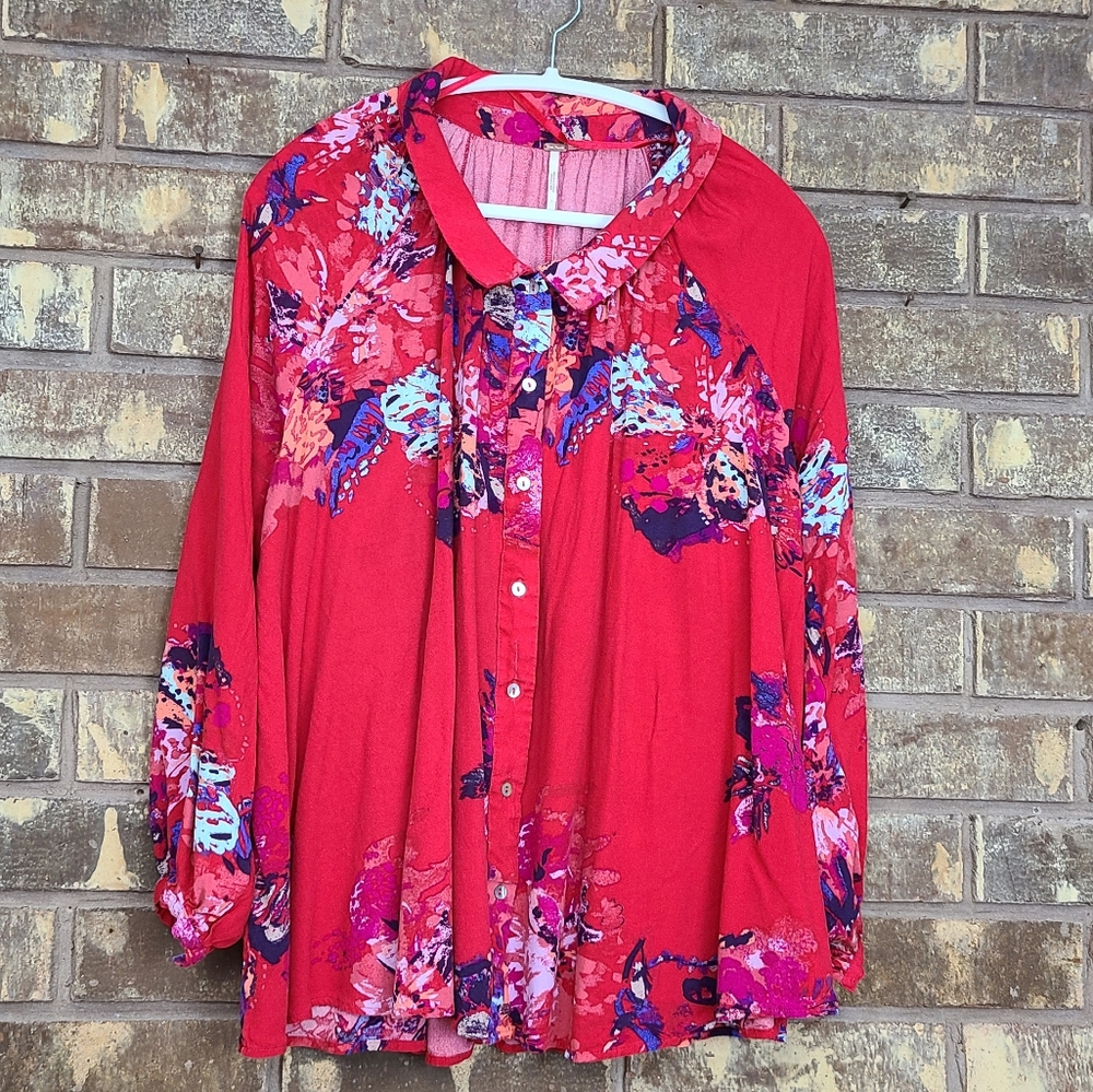 Free People Red Floral Meadowlark Blouse Sz S